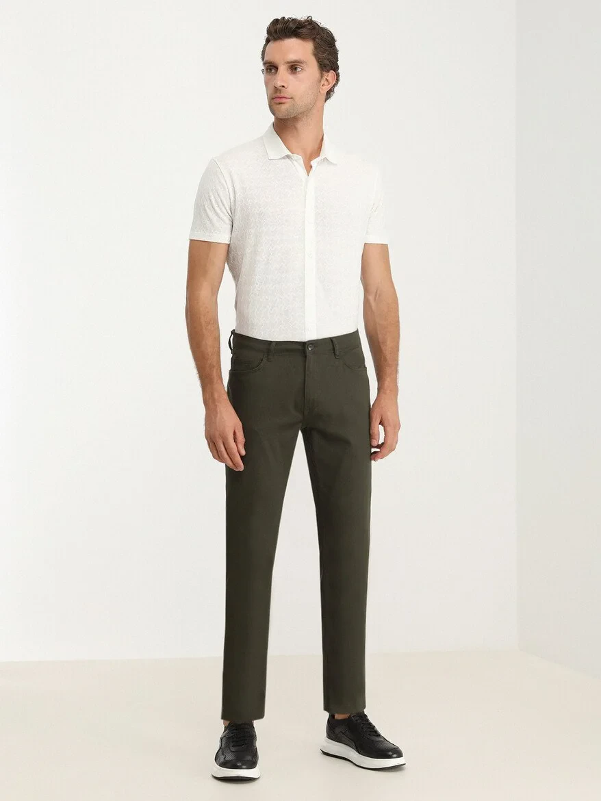Khaki Weaving Slim Fit Casual Cotton Blended Trousers - 2
