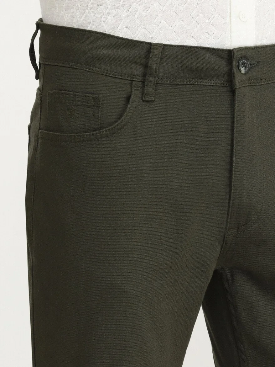 Khaki Weaving Slim Fit Casual Cotton Blended Trousers - 3