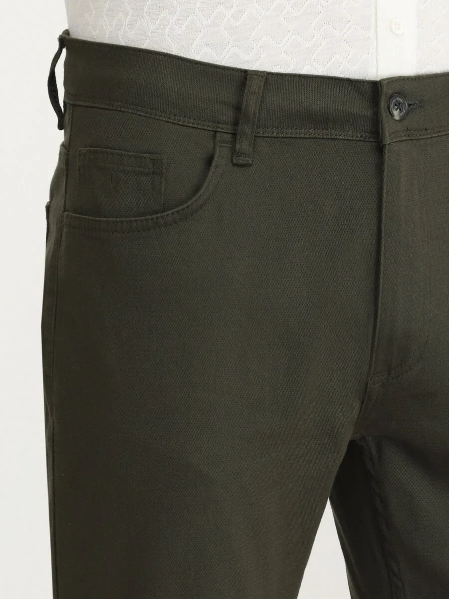 Khaki Weaving Slim Fit Casual Cotton Blended Trousers - 3