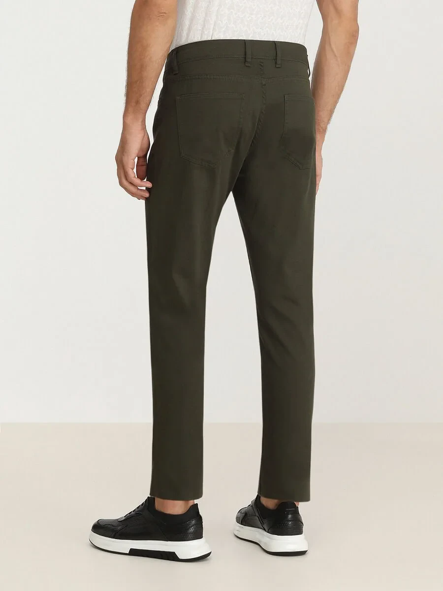 Khaki Weaving Slim Fit Casual Cotton Blended Trousers - 4