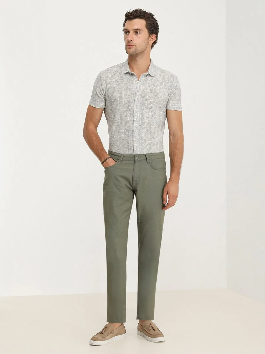 Khaki Weaving Slim Fit Casual Cotton Blended Trousers - 2