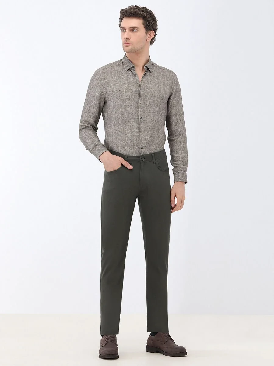 Khaki Weaving Slim Fit Casual Cotton Blended Trousers - 2