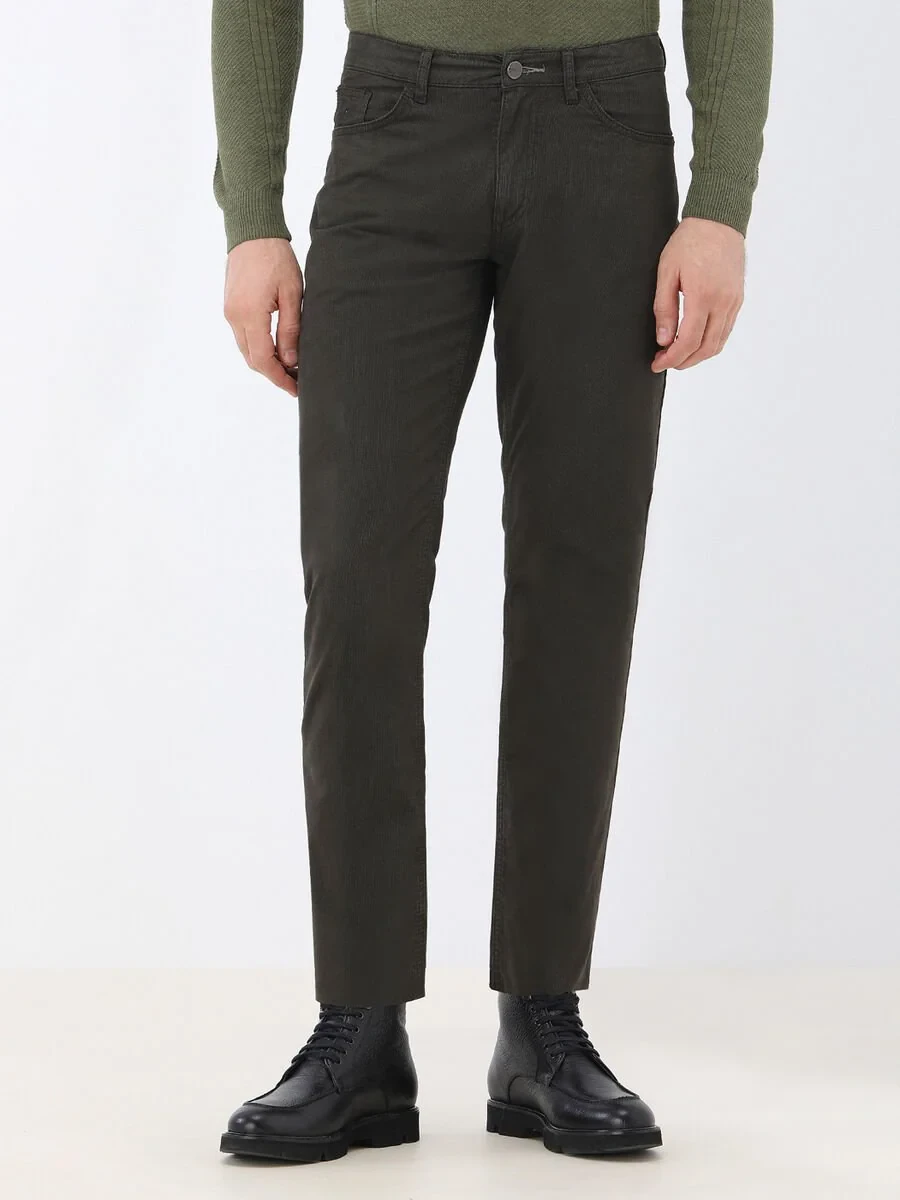 Khaki Weaving Slim Fit Casual Cotton Blended Trousers - 1