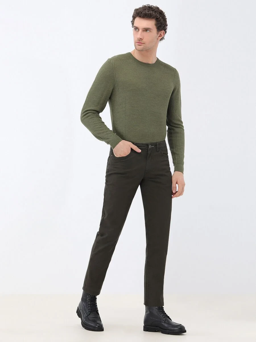 Khaki Weaving Slim Fit Casual Cotton Blended Trousers - 2