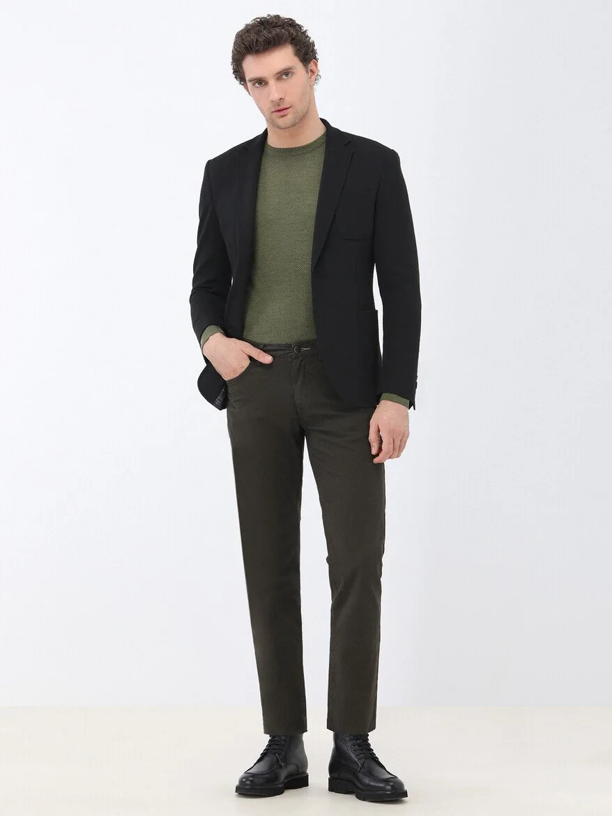Khaki Weaving Slim Fit Casual Cotton Blended Trousers - 3
