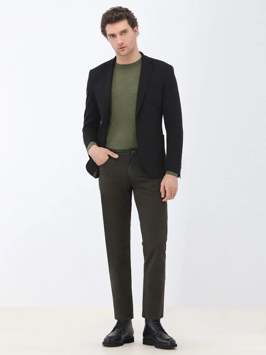 Khaki Weaving Slim Fit Casual Cotton Blended Trousers - 3