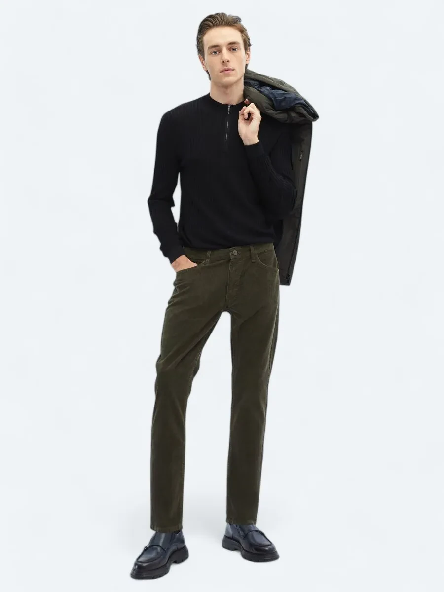 Khaki Weaving Slim Fit Casual Cotton Blended Trousers - 1