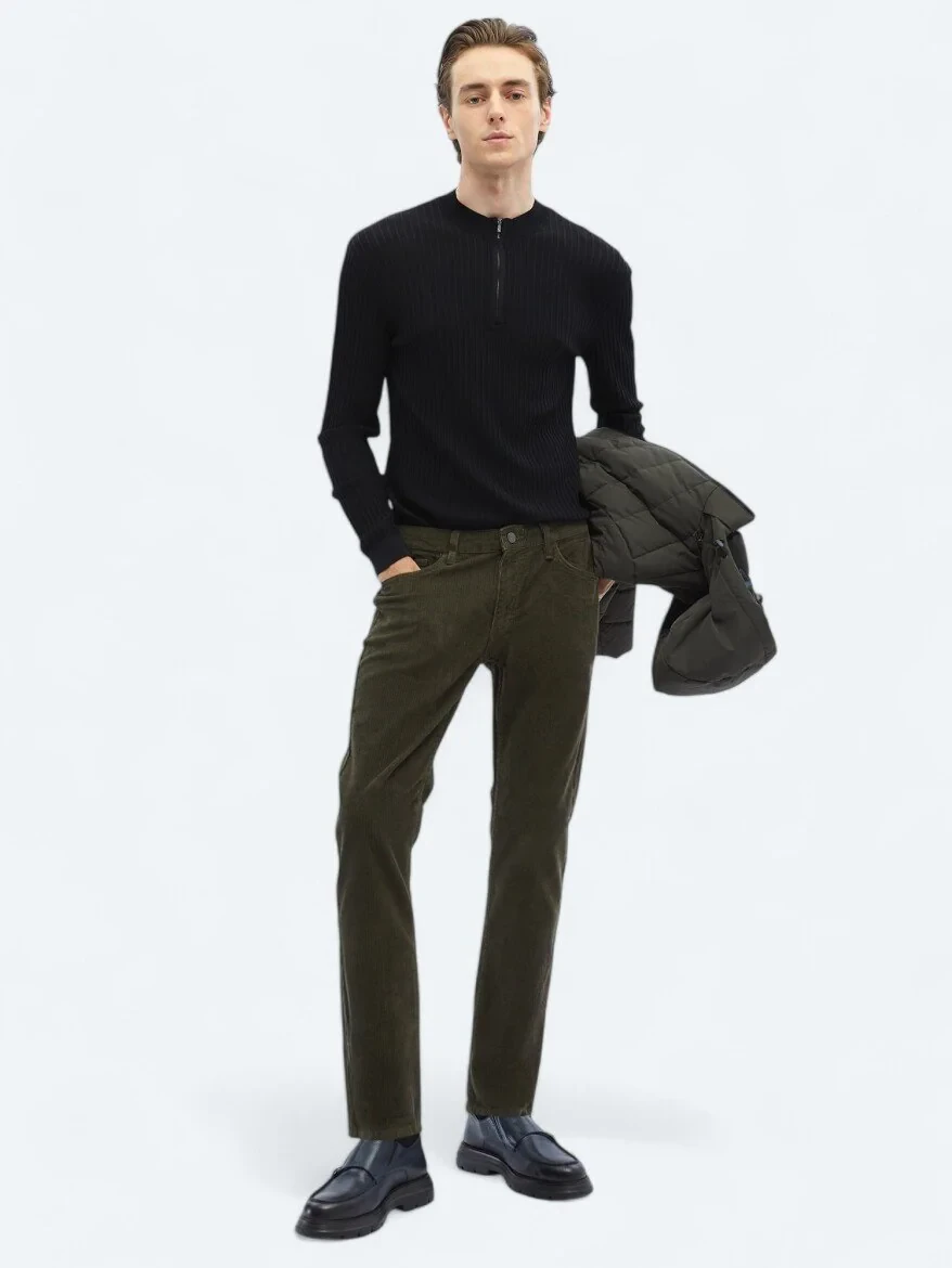 Khaki Weaving Slim Fit Casual Cotton Blended Trousers - 2