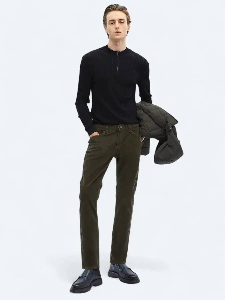 Khaki Weaving Slim Fit Casual Cotton Blended Trousers - 2