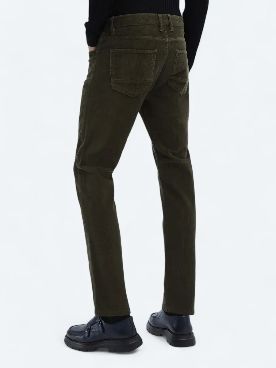 Khaki Weaving Slim Fit Casual Cotton Blended Trousers - 6