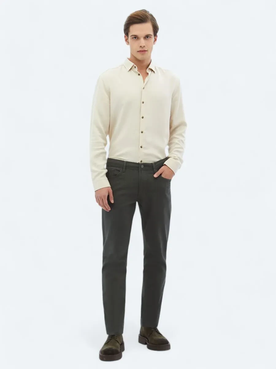 Khaki Weaving Slim Fit Casual Cotton Blended Trousers - 1