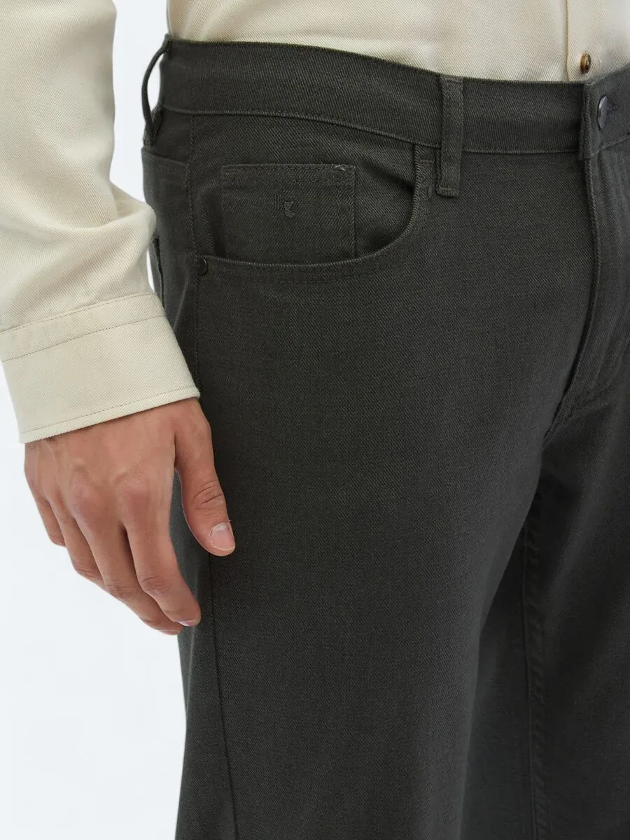 Khaki Weaving Slim Fit Casual Cotton Blended Trousers - 3