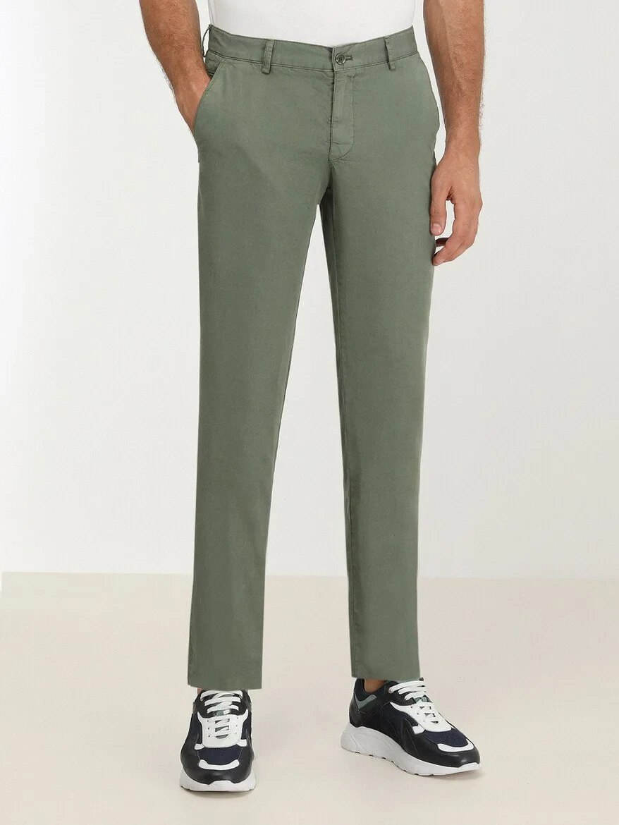 Khaki Weaving Slim Fit Casual Trousers - 1