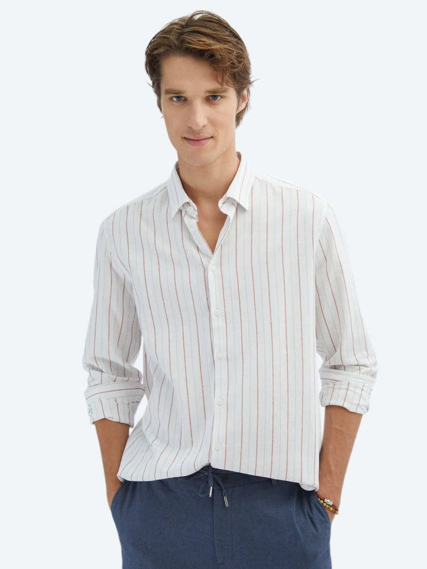 Kiremit Çizgili Regular Fit Dokuma Casual %100 Pamuk Gömlek - 1