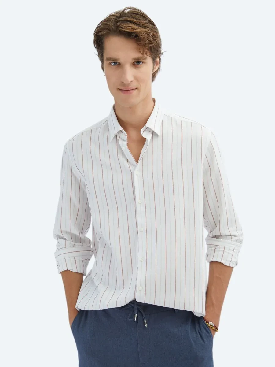 Kiremit Çizgili Regular Fit Dokuma Casual %100 Pamuk Gömlek - 1
