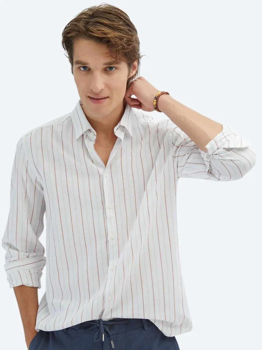 Kiremit Çizgili Regular Fit Dokuma Casual %100 Pamuk Gömlek - 3