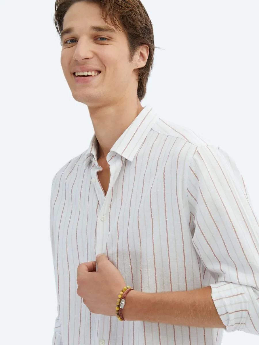 Kiremit Çizgili Regular Fit Dokuma Casual %100 Pamuk Gömlek - 4