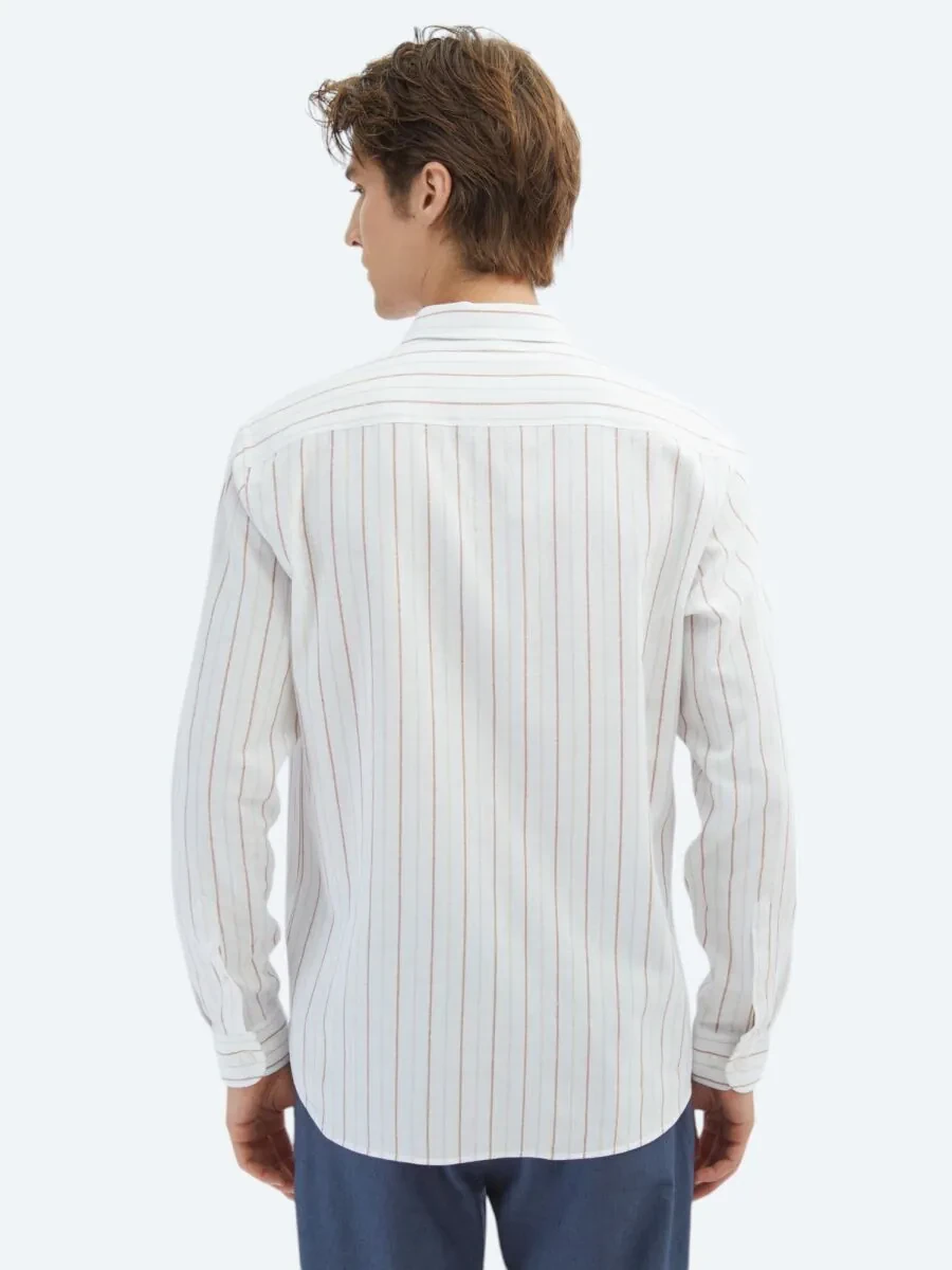 Kiremit Çizgili Regular Fit Dokuma Casual %100 Pamuk Gömlek - 5