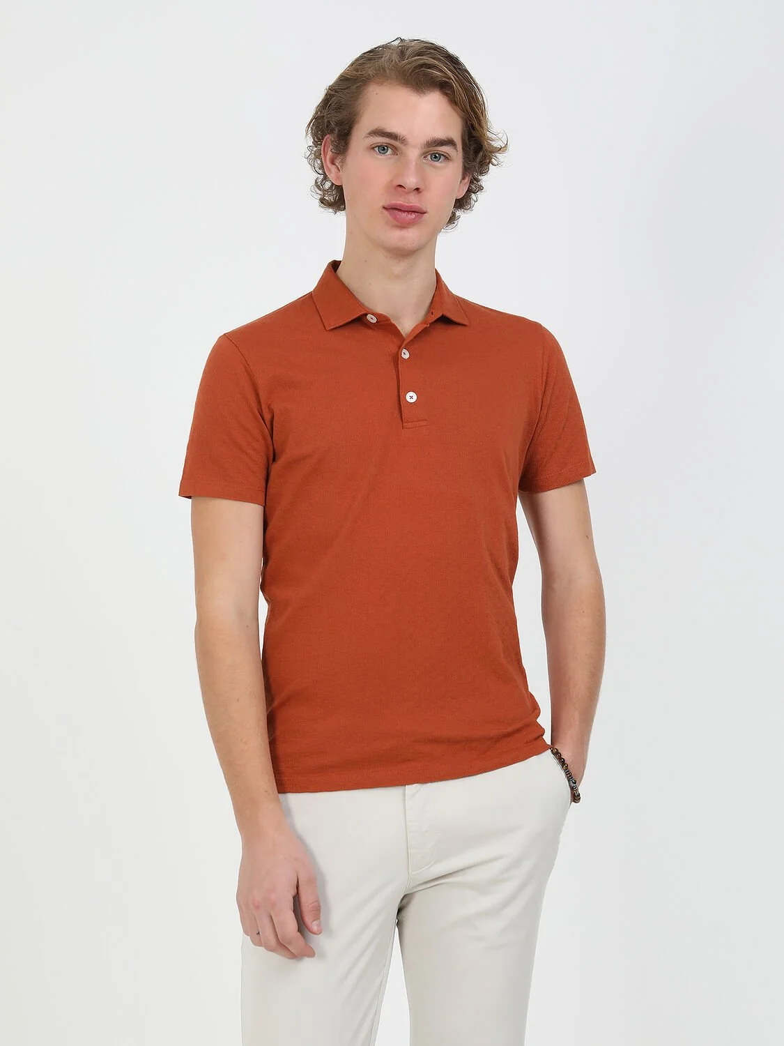 Kiremit Jakarlı Polo Yaka %100 Pamuk T-Shirt - 1