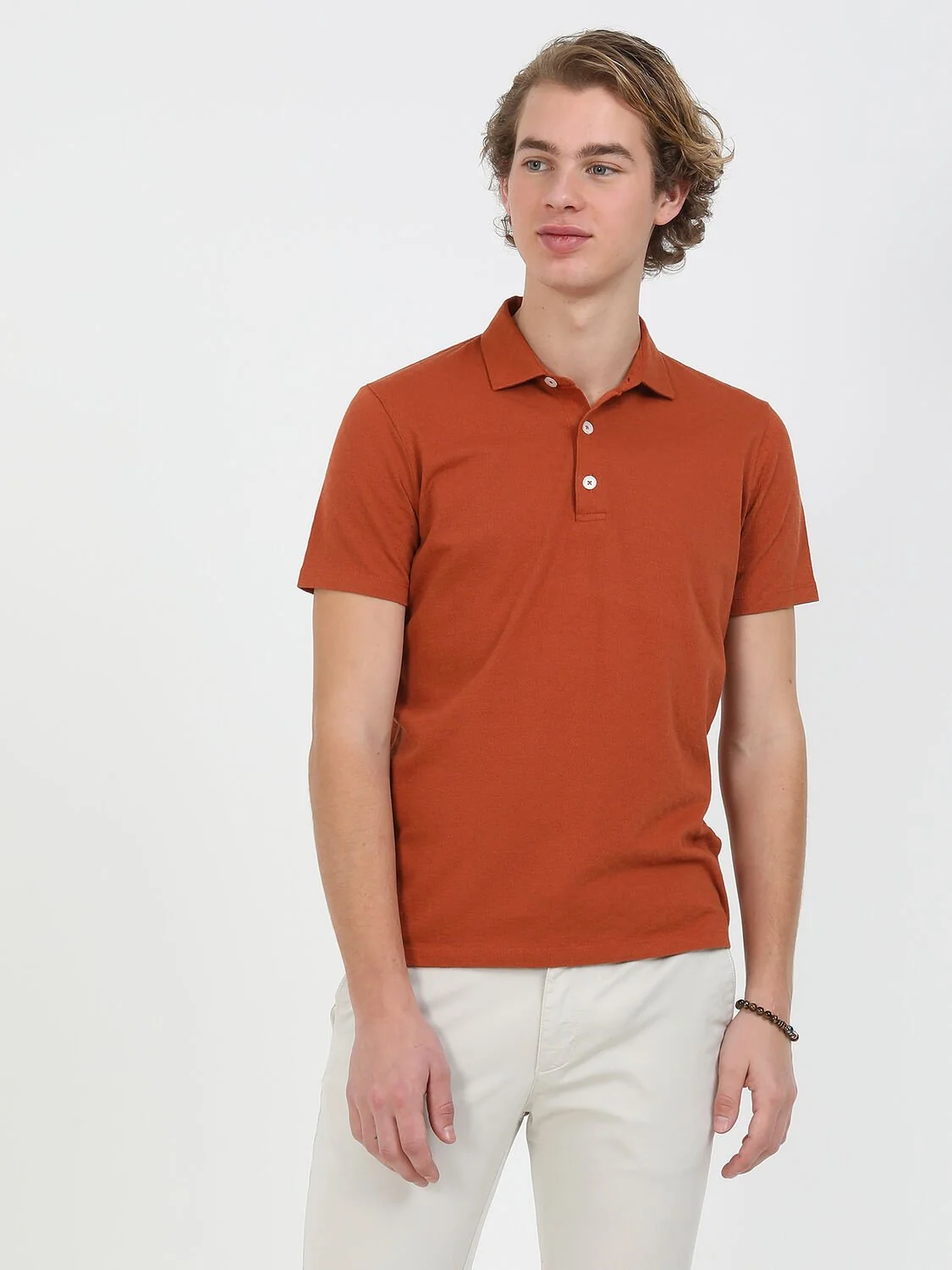 Kiremit Jakarlı Polo Yaka %100 Pamuk T-Shirt - 4