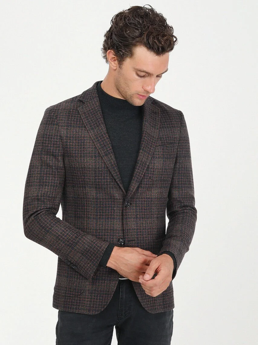 Kiremit Kareli Modern Fit Yün Karışımlı Ceket - 1