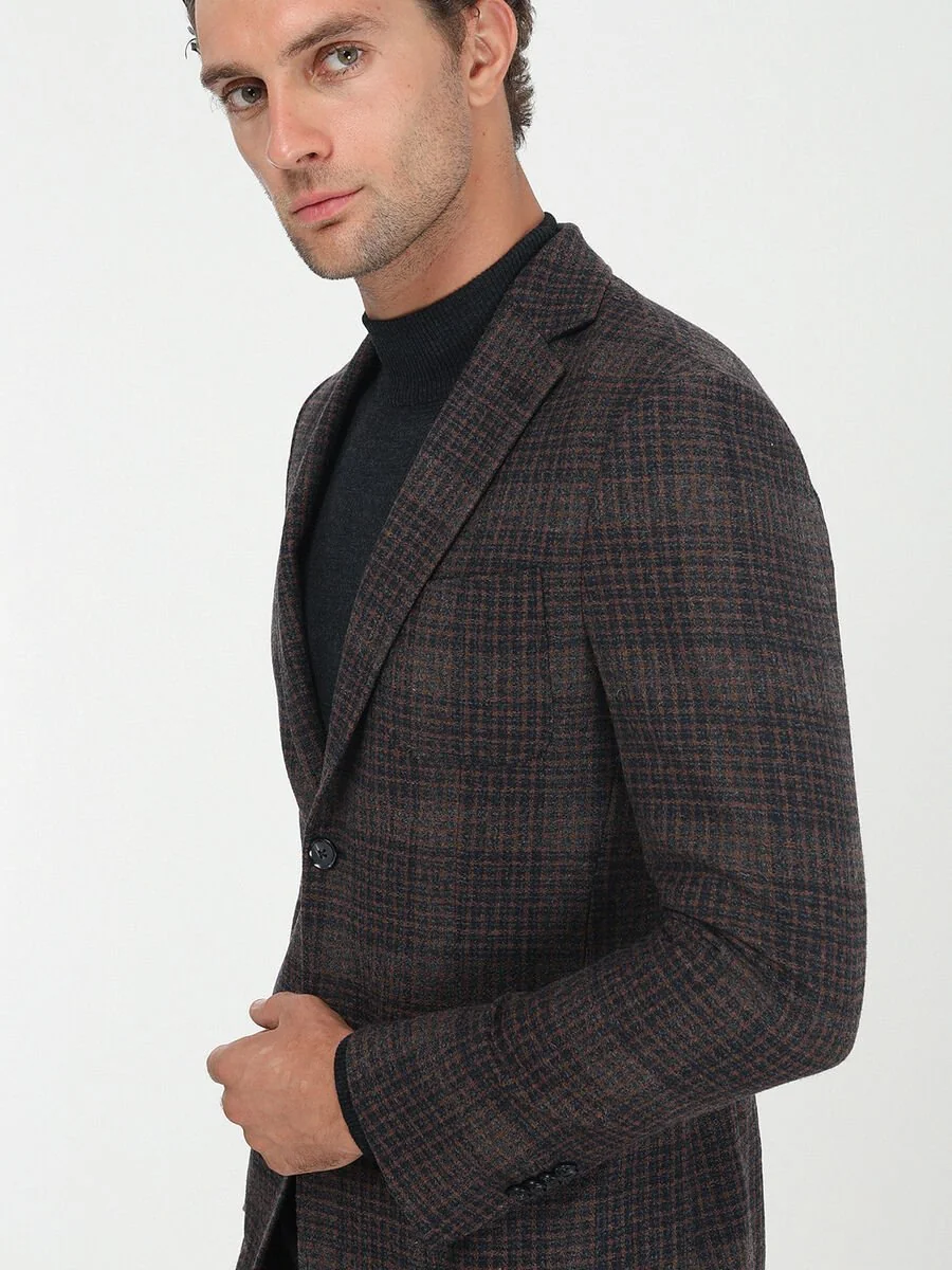 Kiremit Kareli Modern Fit Yün Karışımlı Ceket - 4