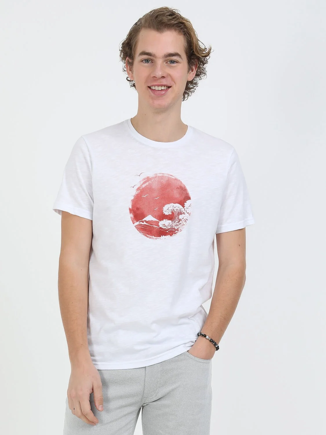 Kırmızı Baskılı Bisiklet Yaka %100 Pamuk T-Shirt - 1