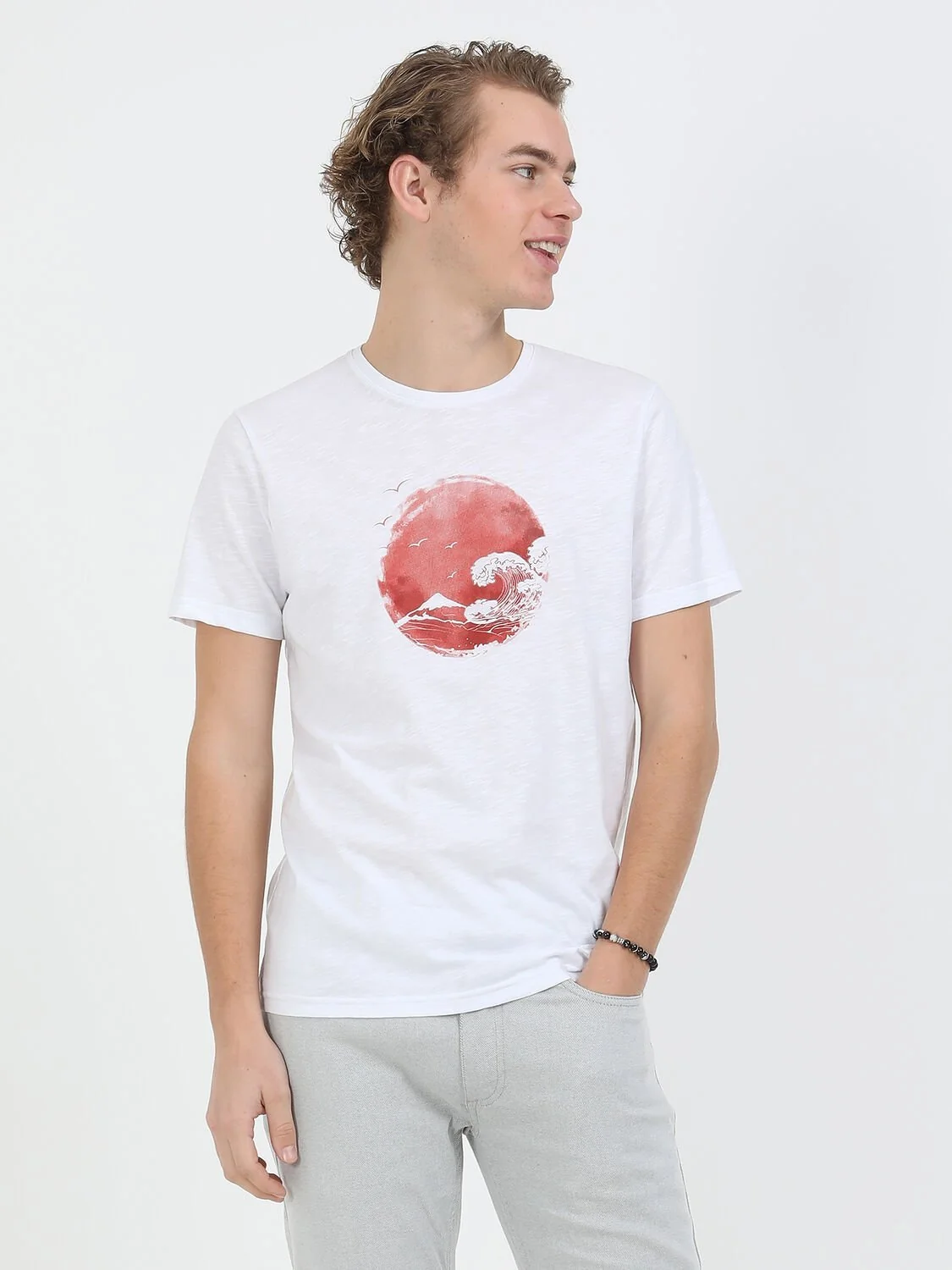Kırmızı Baskılı Bisiklet Yaka %100 Pamuk T-Shirt - 3