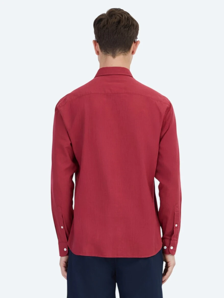 Kırmızı Düz Dokuma Casual %100 Pamuk Gömlek - 6