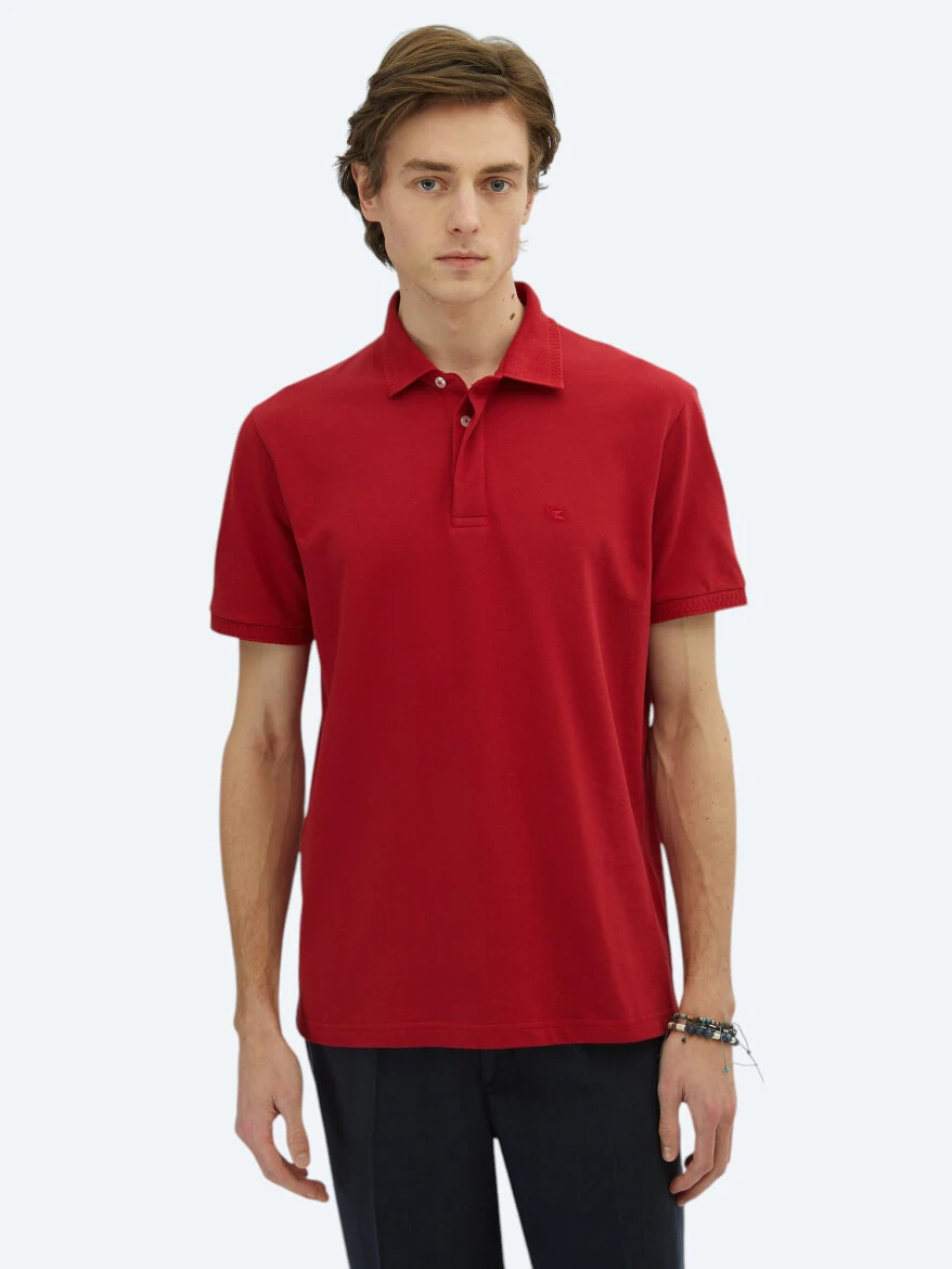 Kırmızı Düz Polo Yaka %100 Pamuk T-Shirt - 3
