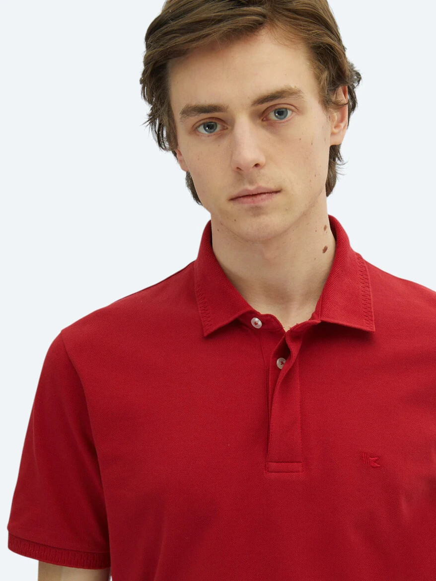 Kırmızı Düz Polo Yaka %100 Pamuk T-Shirt - 4