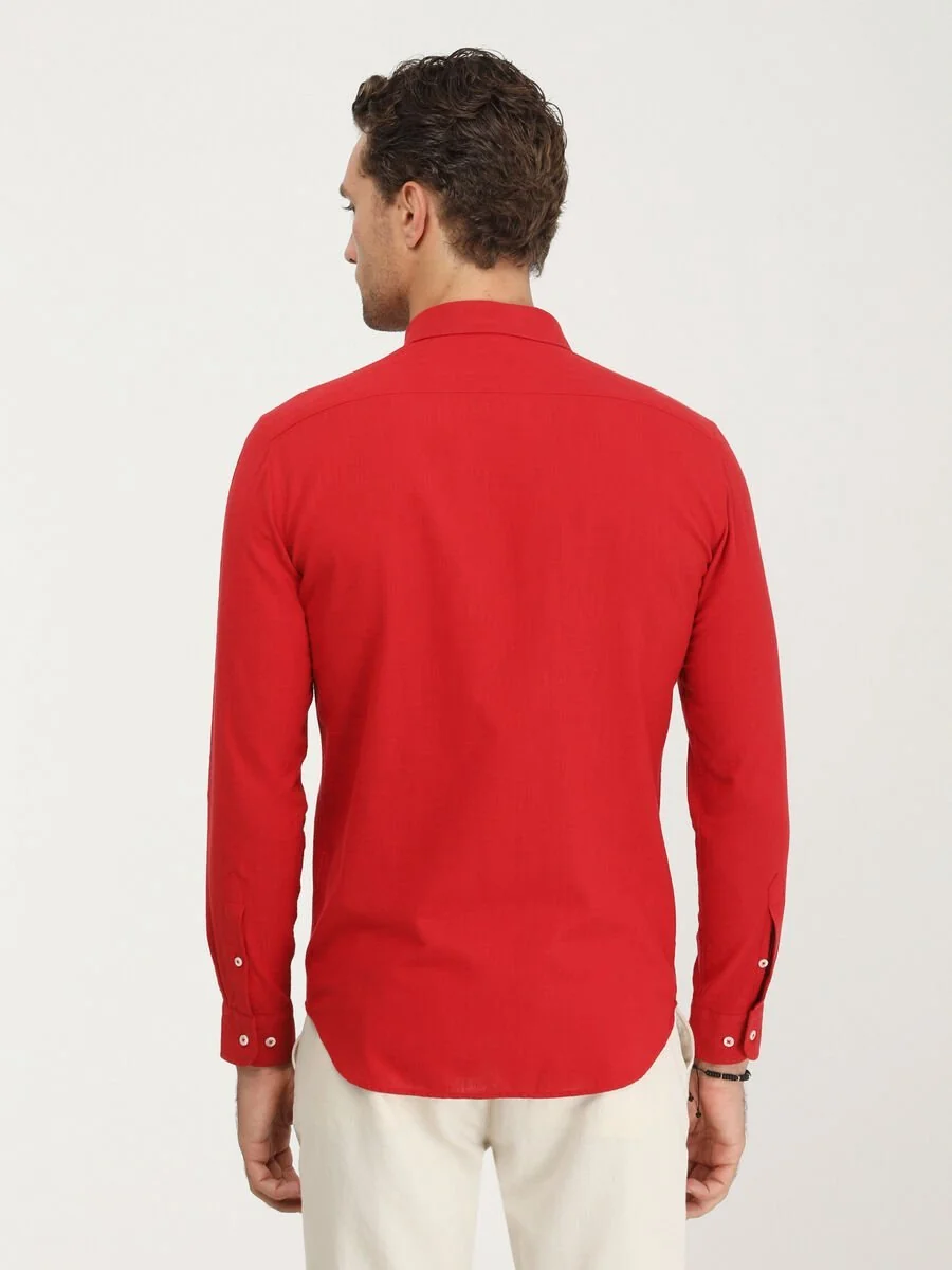 Kırmızı Düz Regular Fit Dokuma Casual %100 Pamuk Gömlek - 4