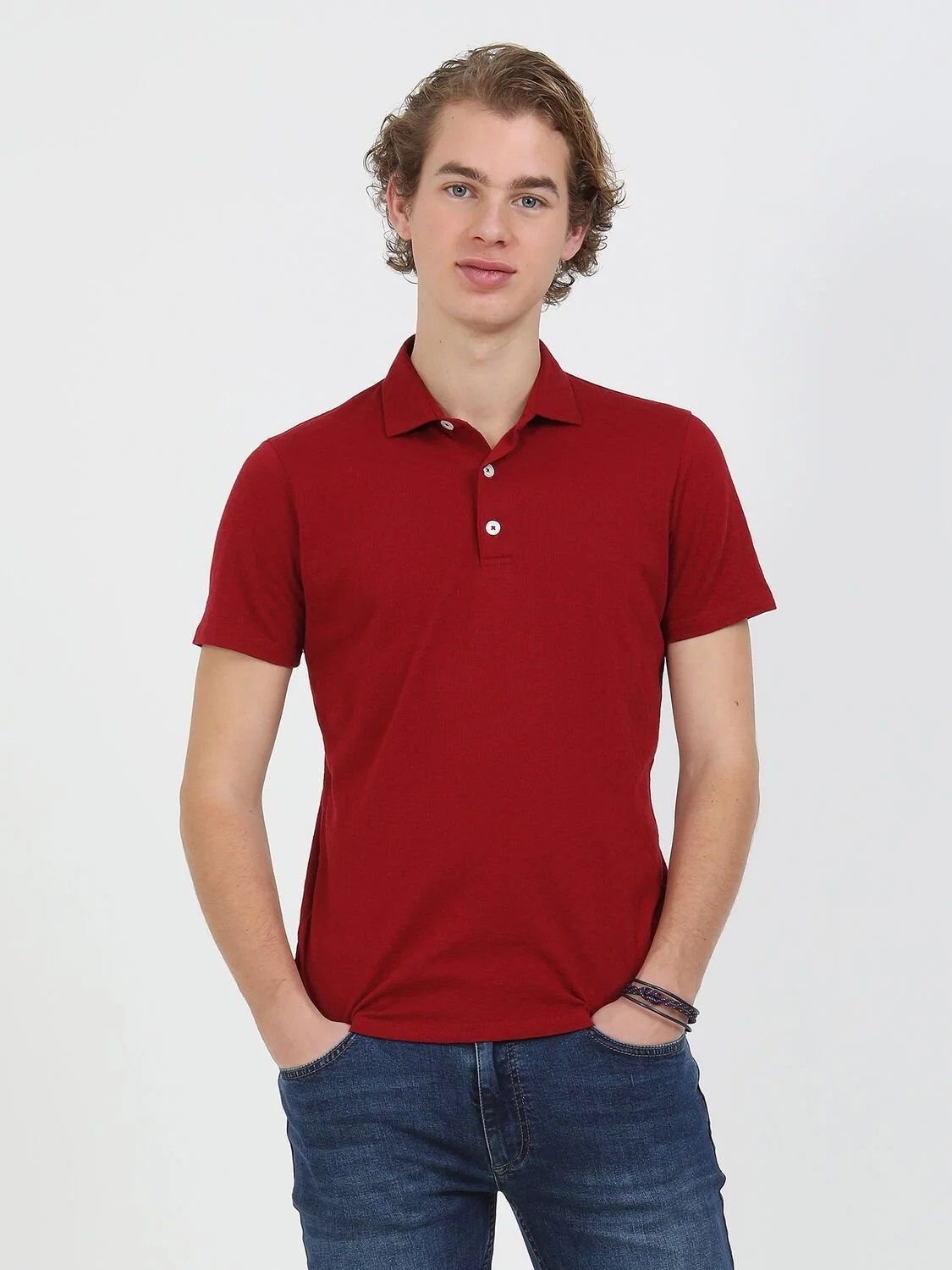 Kırmızı Jakarlı Polo Yaka %100 Pamuk T-Shirt - 1