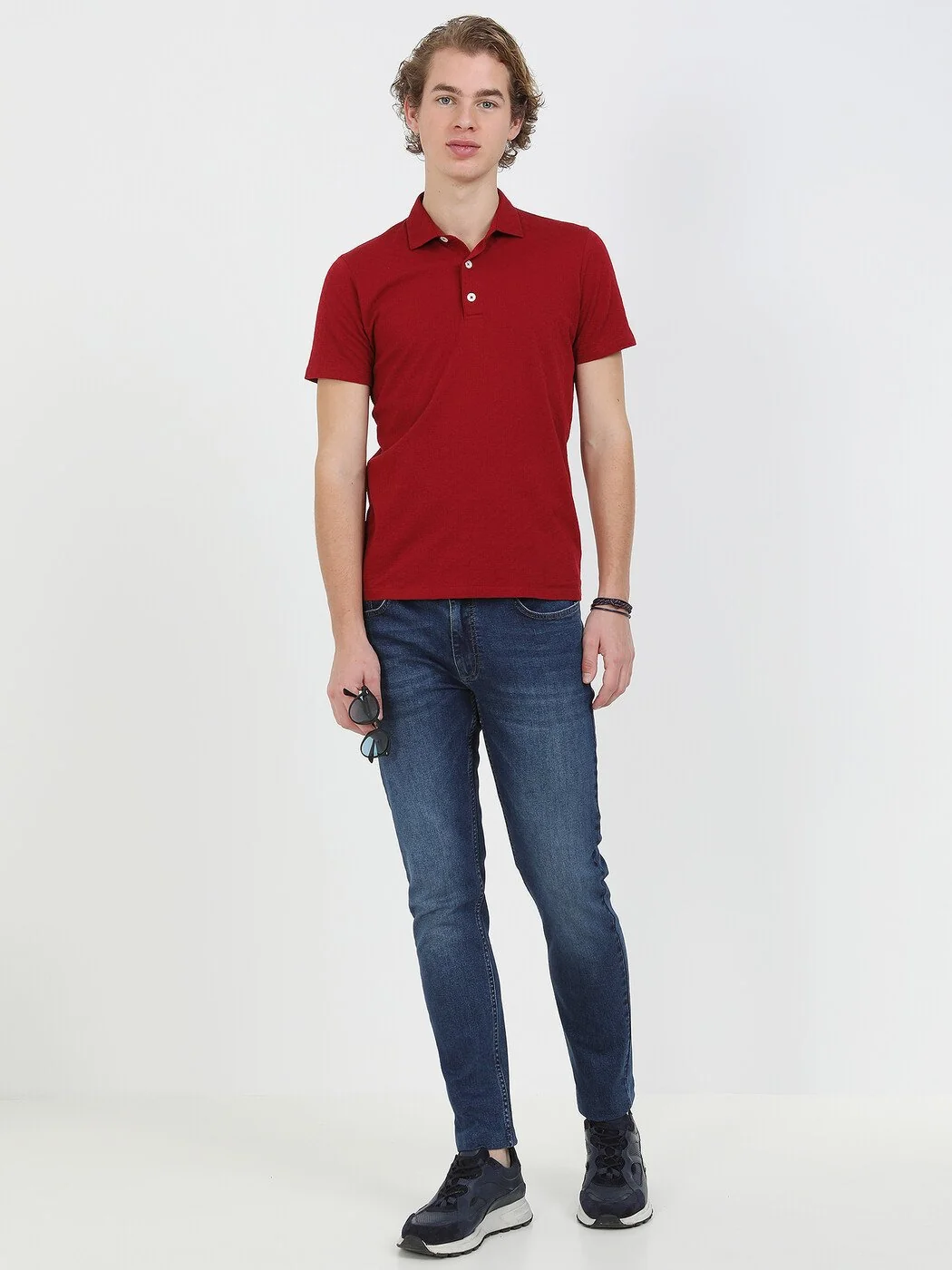 Kırmızı Jakarlı Polo Yaka %100 Pamuk T-Shirt - 2