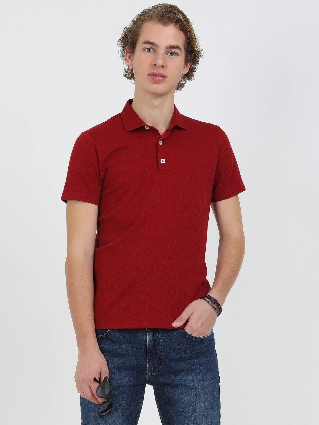Kırmızı Jakarlı Polo Yaka %100 Pamuk T-Shirt - 4