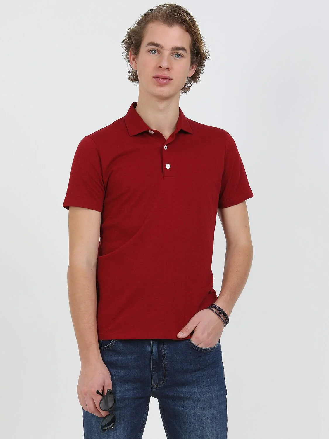 Kırmızı Jakarlı Polo Yaka %100 Pamuk T-Shirt - 4