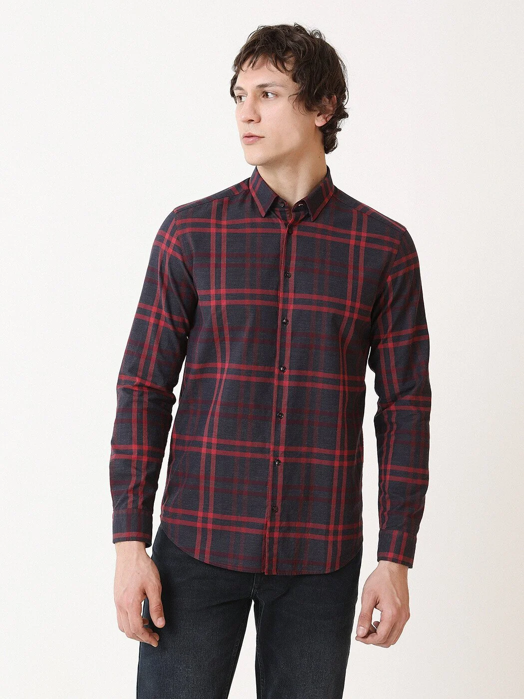 Kırmızı Kareli Regular Fit Dokuma Casual %100 Pamuk Gömlek - 1