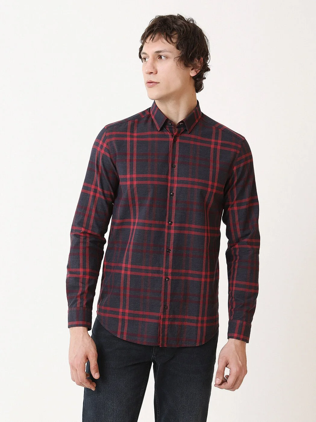 Kırmızı Kareli Regular Fit Dokuma Casual %100 Pamuk Gömlek - 1
