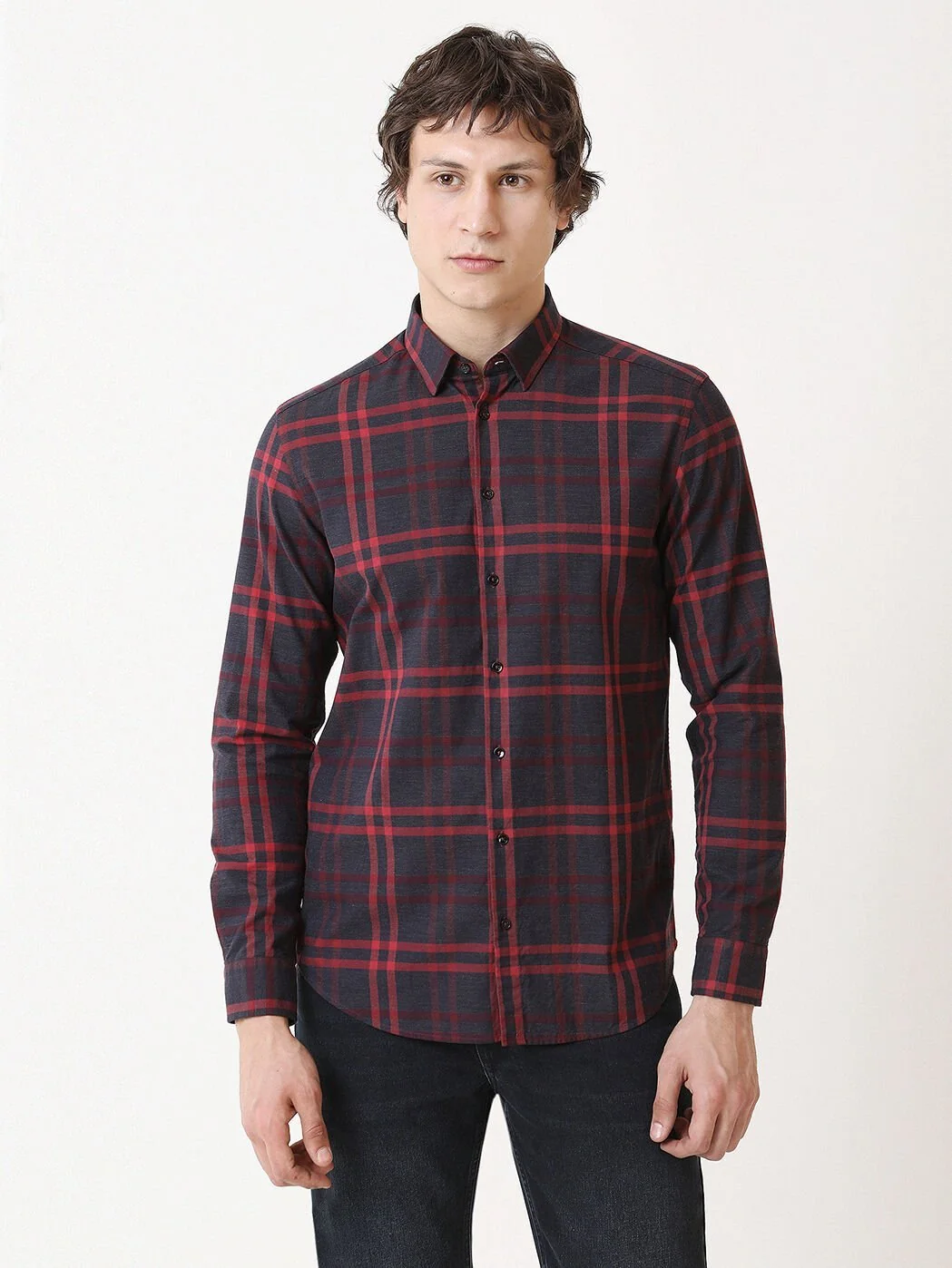 Kırmızı Kareli Regular Fit Dokuma Casual %100 Pamuk Gömlek - 4
