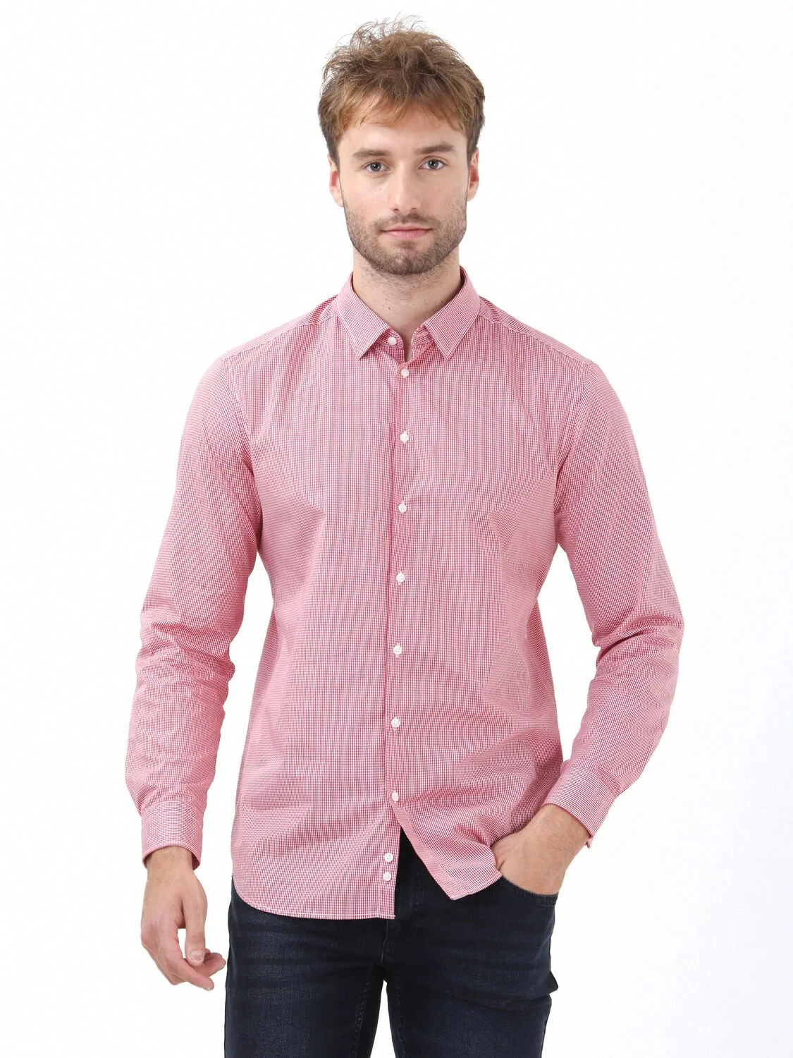 Kırmızı Kareli Regular Fit Dokuma Casual %100 Pamuk Gömlek - 1
