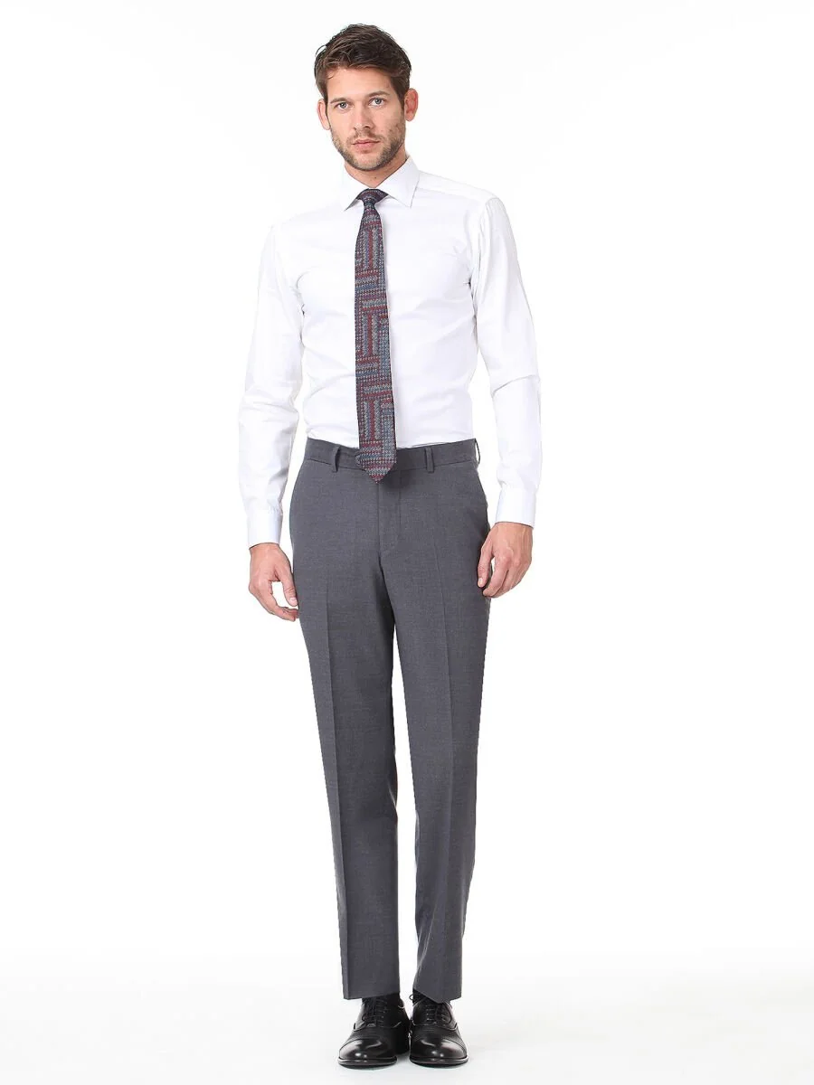 Koyu Gri Düz Dokuma Fitted Fit Klasik Yün Karışımlı Pantolon - 1