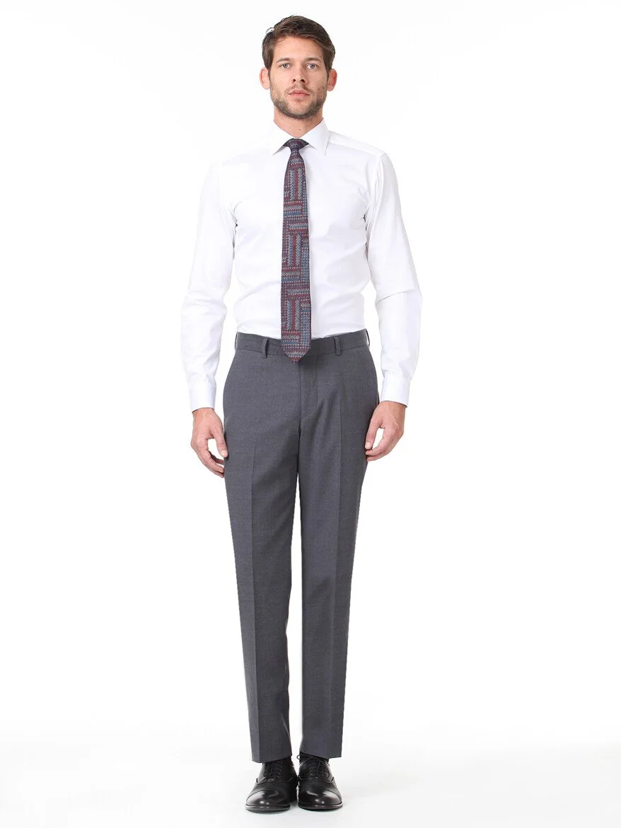 Koyu Gri Düz Dokuma Fitted Fit Klasik Yün Karışımlı Pantolon - 2