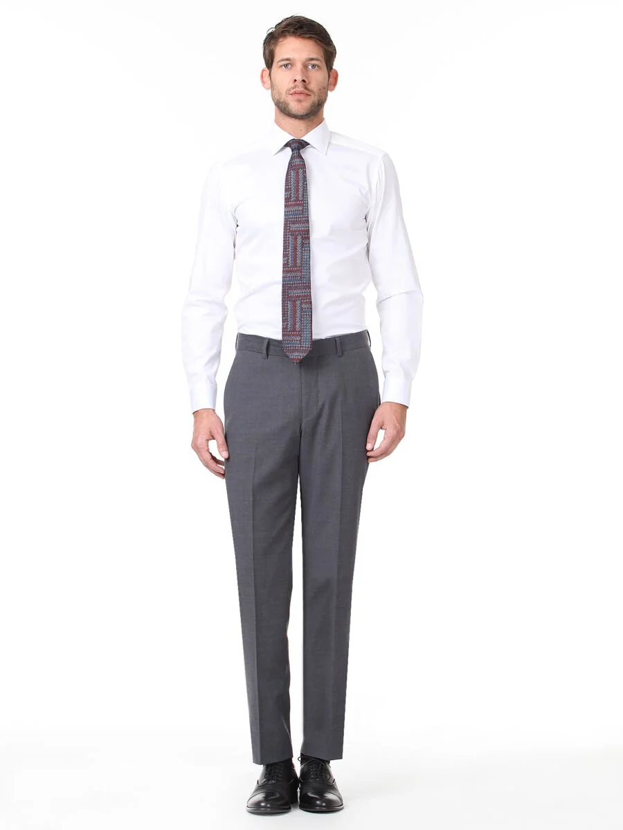 Koyu Gri Düz Dokuma Fitted Fit Klasik Yün Karışımlı Pantolon - 2