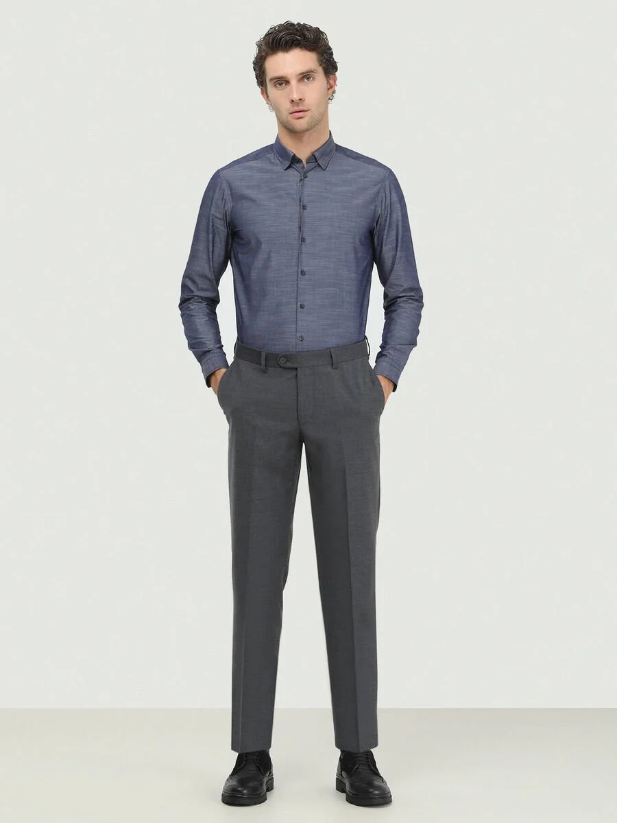 Koyu Gri Düz Dokuma Fitted Fit Klasik Yün Karışımlı Pantolon - 2