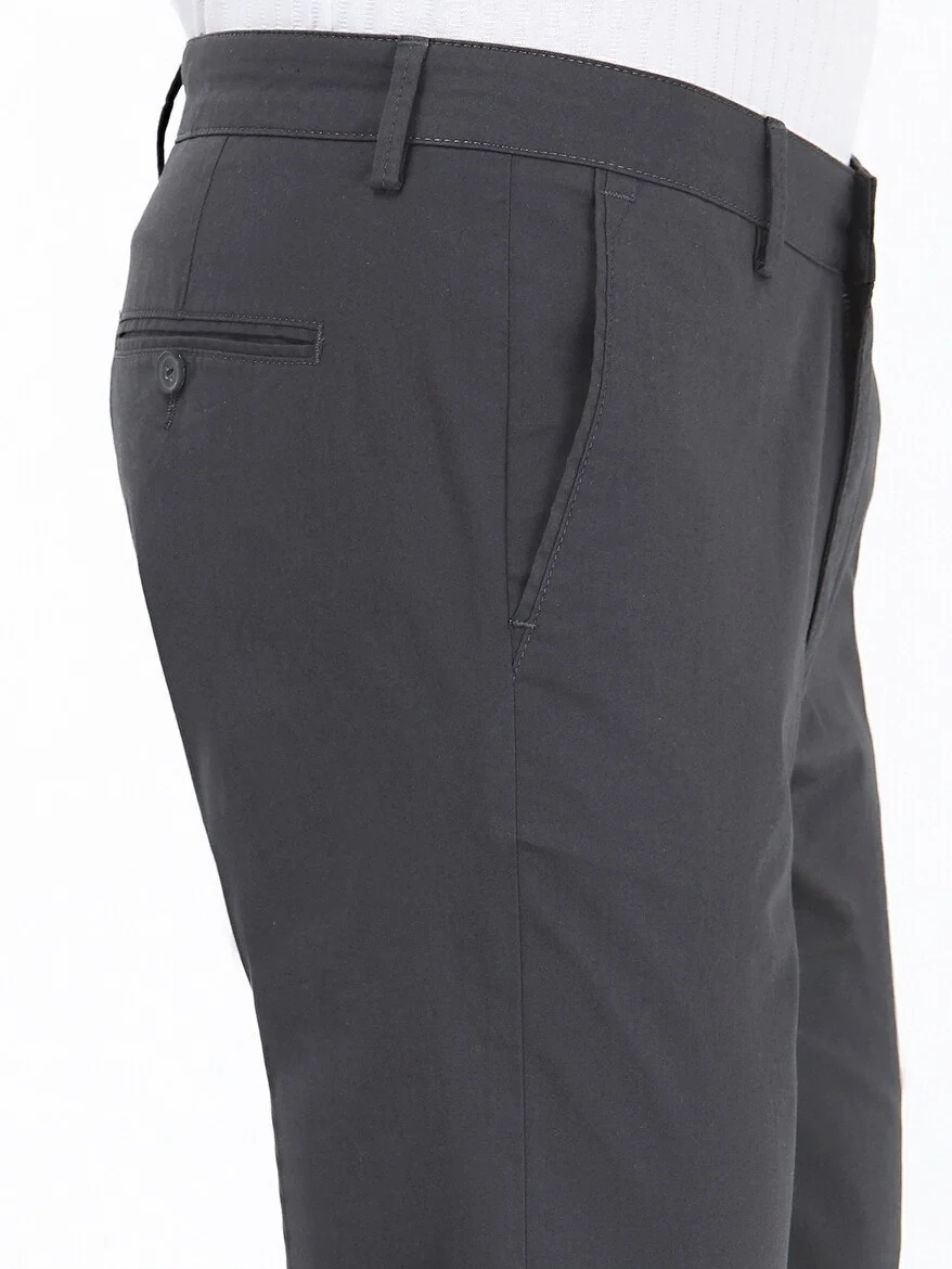 Koyu Gri Düz Dokuma Regular Fit Casual Pamuk Karışımlı Pantolon - 3