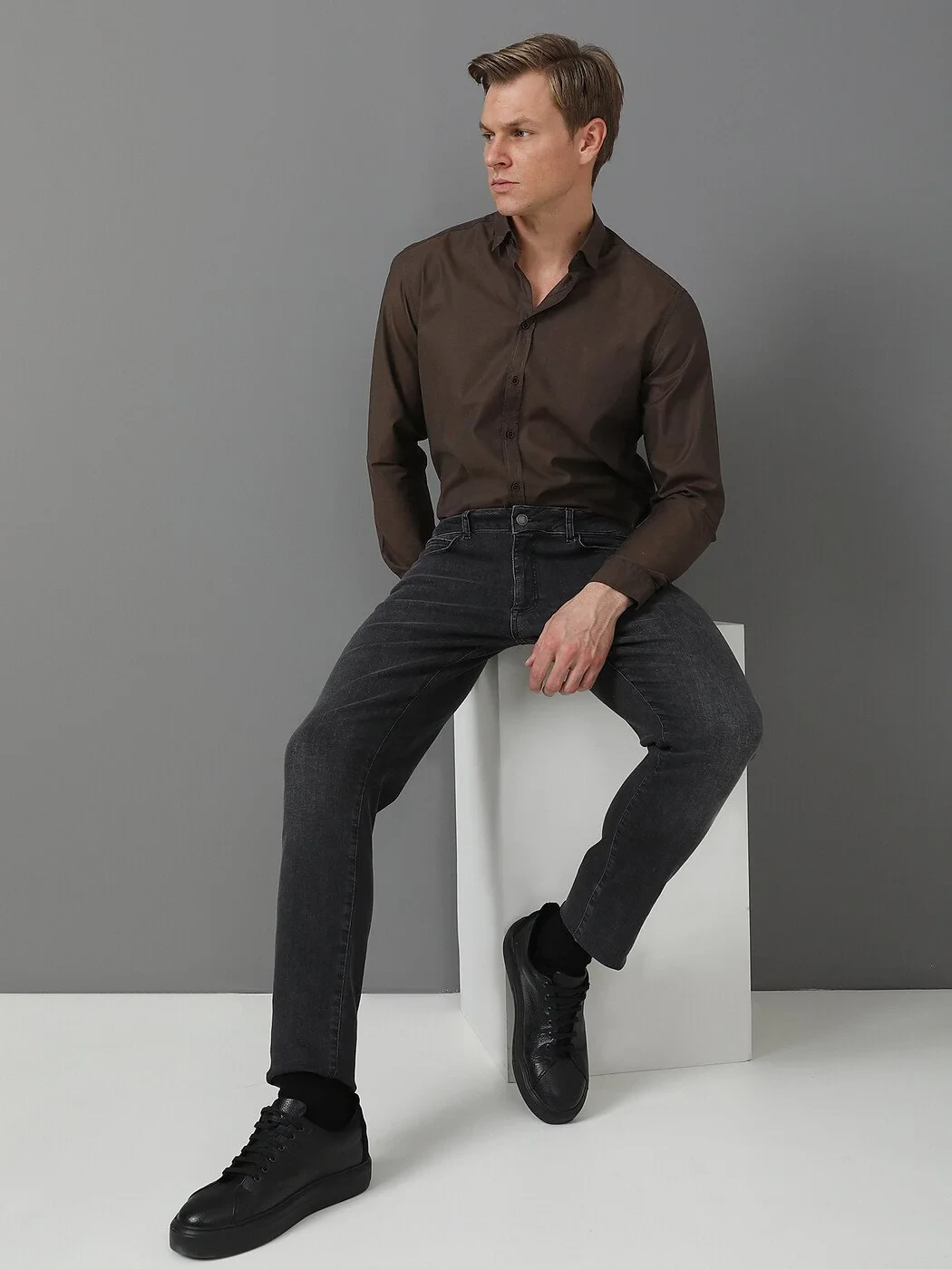 Koyu Gri Slim Fit Denim Pamuk Karışımlı Pantolon - 1