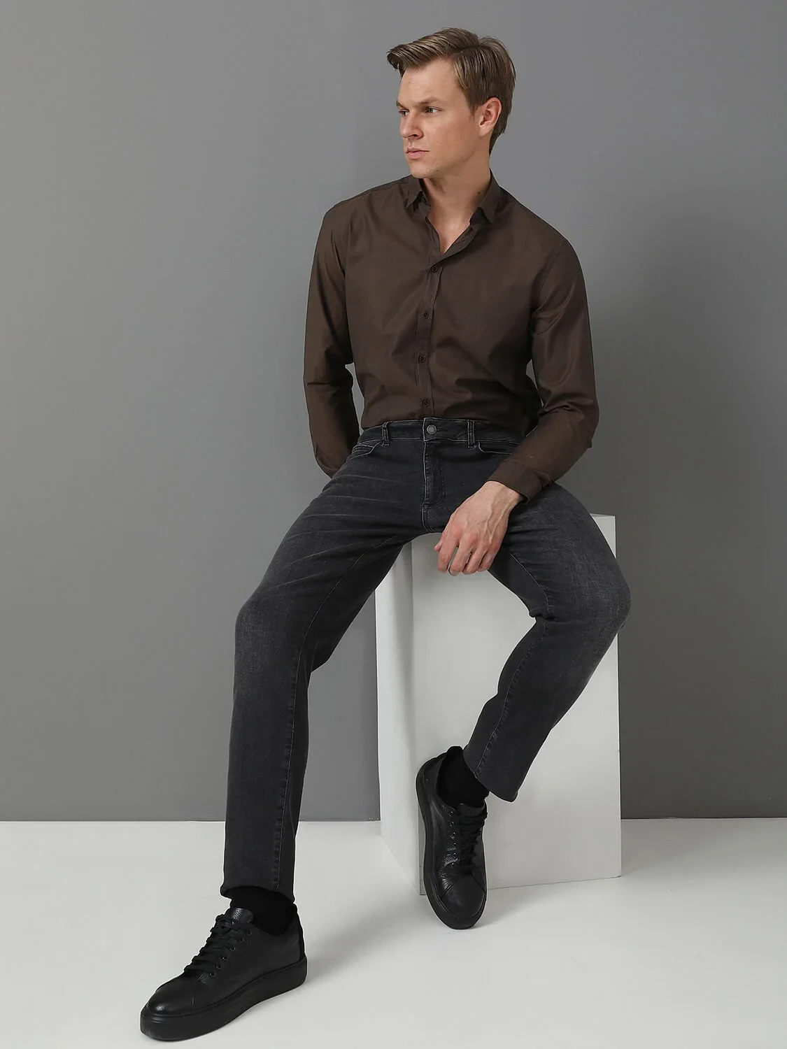 Koyu Gri Slim Fit Denim Pamuk Karışımlı Pantolon - 1