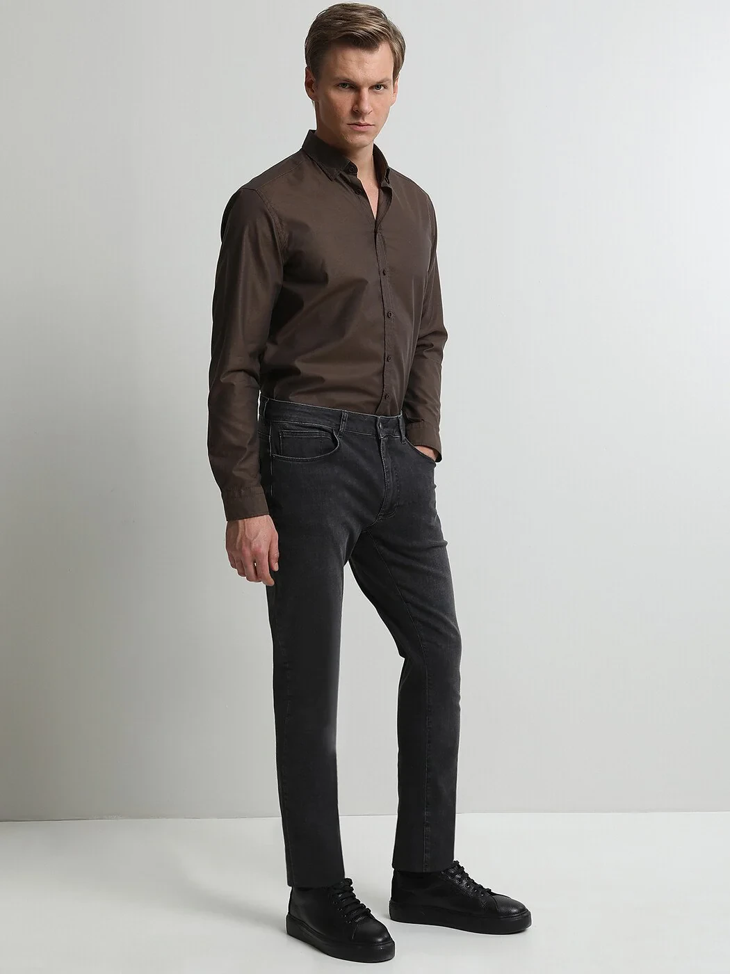 Koyu Gri Slim Fit Denim Pamuk Karışımlı Pantolon - 2