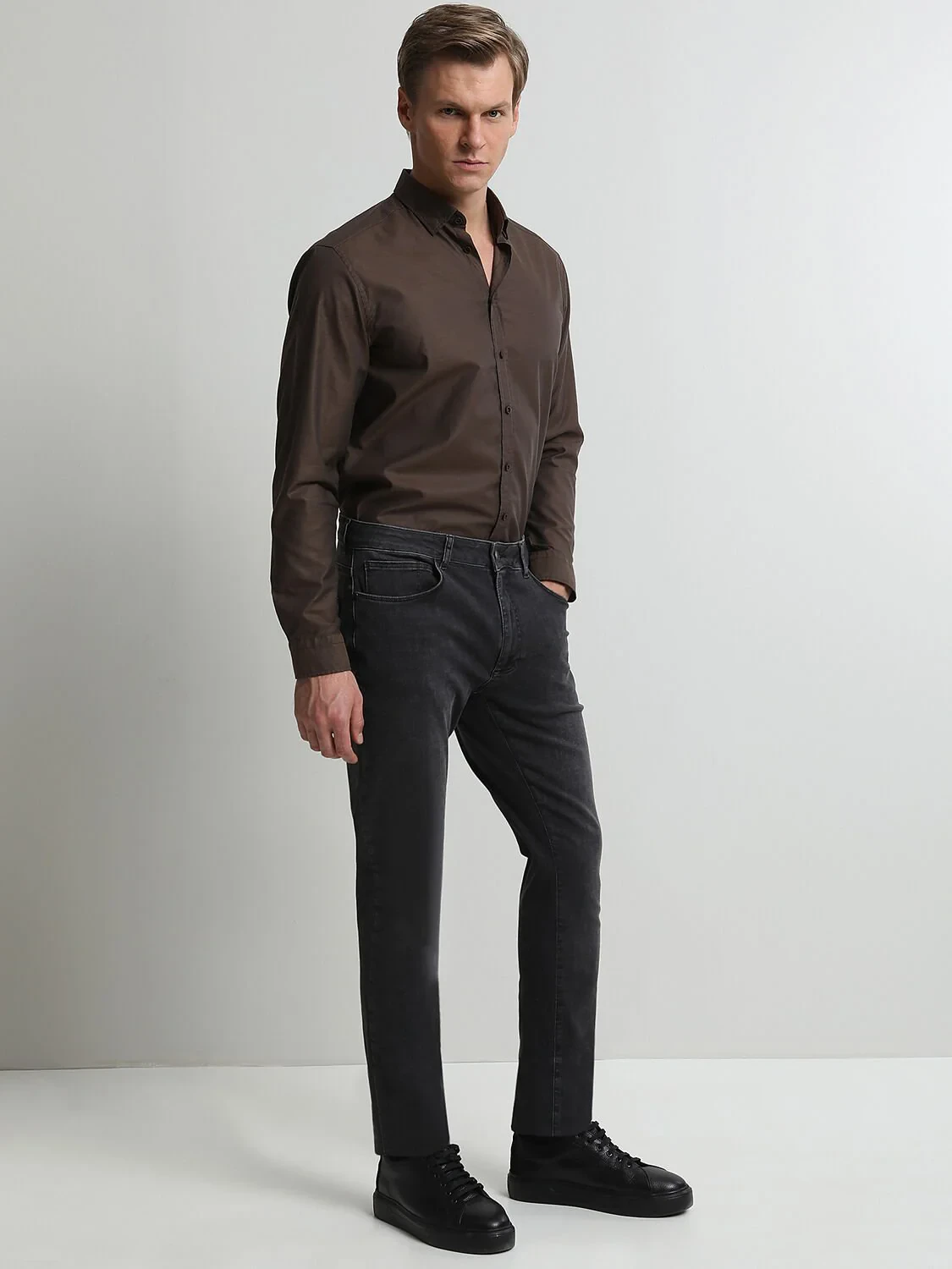 Koyu Gri Slim Fit Denim Pamuk Karışımlı Pantolon - 2