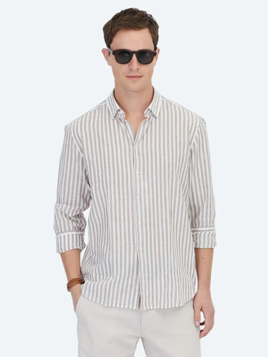 Koyu Kahve Çizgili Regular Fit Dokuma Casual Pamuk Karışımlı Gömlek - 1
